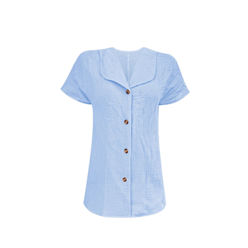 Hosszú ujjú ing, laza szabás, gallér, gyűrött textúra, előlap gombos, poliészter-elasztán keverék, nyár 2025, laza japán-koreai szabadidős stílus