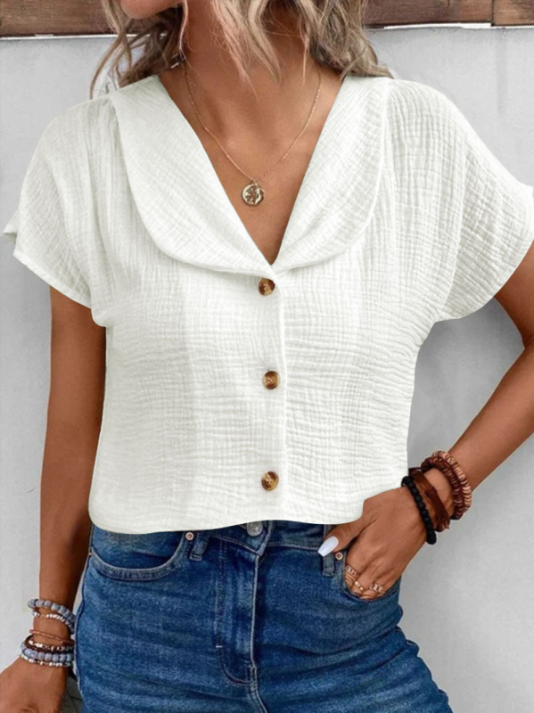 Hosszú ujjú ing, laza szabás, gallér, gyűrött textúra, előlap gombos, poliészter-elasztán keverék, nyár 2025, laza japán-koreai szabadidős stílus