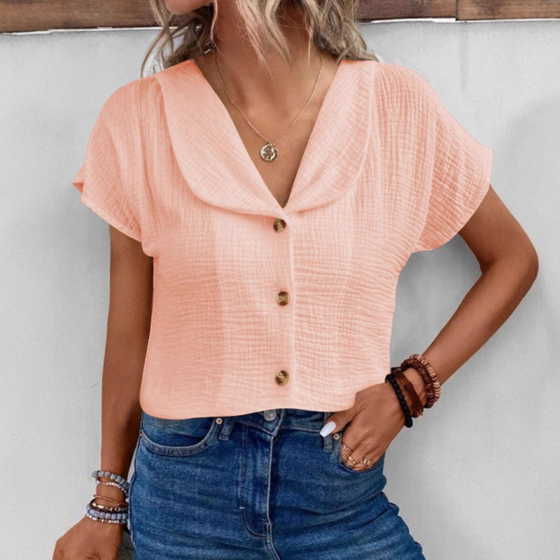 Hosszú ujjú ing, laza szabás, gallér, gyűrött textúra, előlap gombos, poliészter-elasztán keverék, nyár 2025, laza japán-koreai szabadidős stílus