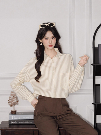 Pamut csíkos pólóing, hosszú ujjú, lazán szabott