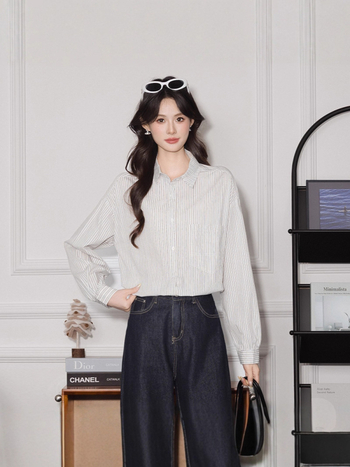 Pamut csíkos pólóing, hosszú ujjú, lazán szabott