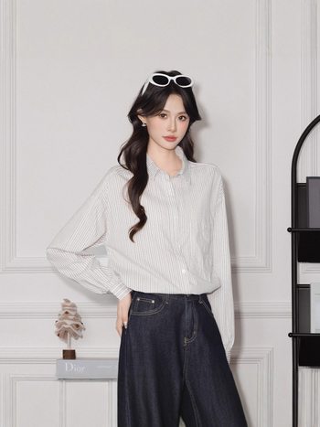 Pamut csíkos pólóing, hosszú ujjú, lazán szabott