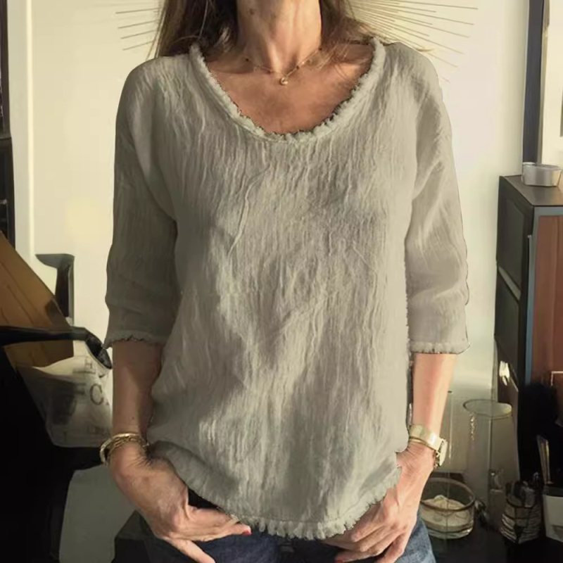 Ženski pamučni T-shirt s okruglim izrezom, 3/4 rukav, širok kroj