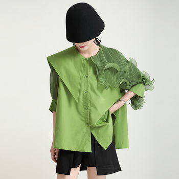 Cămașă cu rever, manșete bufante, cusături patchwork, croială lejeră, nasturi pe un singur rând