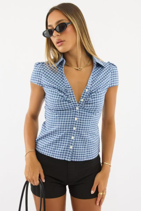 Košulja kariranog uzorka, Slim Fit, kratki rukavi, polo ovratnik, kopčanje na jedno red, pamuk-poliester smjesa
