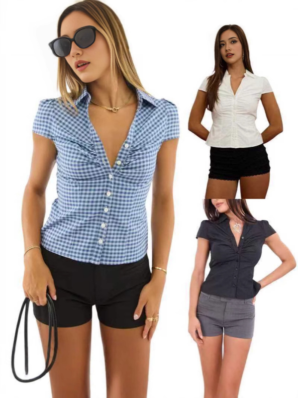 Košulja kariranog uzorka, Slim Fit, kratki rukavi, polo ovratnik, kopčanje na jedno red, pamuk-poliester smjesa