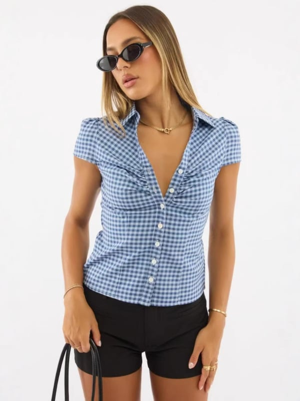Košulja kariranog uzorka, Slim Fit, kratki rukavi, polo ovratnik, kopčanje na jedno red, pamuk-poliester smjesa