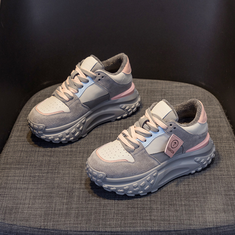 Ženske tenisice u stilu dad shoes, svakodnevni casual stil, povećavaju visinu, gornji dio od mat kože + mikrovlakna, platforma 6–8 cm, vezanje sprijeda