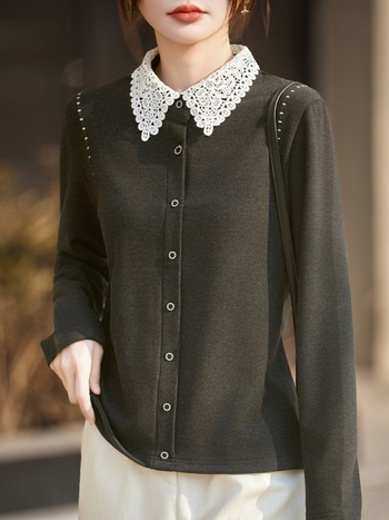 Női German Velvet ing, POLO gallérral, hosszú ujjú, bő szabás, szabályos hossz