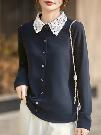 Női German Velvet ing, POLO gallérral, hosszú ujjú, bő szabás, szabályos hossz