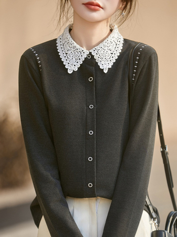 Női German Velvet ing, POLO gallérral, hosszú ujjú, bő szabás, szabályos hossz