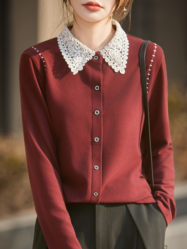 Női German Velvet ing, POLO gallérral, hosszú ujjú, bő szabás, szabályos hossz