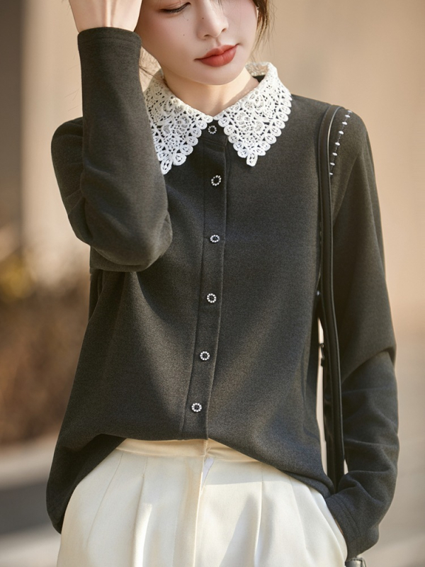 Női German Velvet ing, POLO gallérral, hosszú ujjú, bő szabás, szabályos hossz