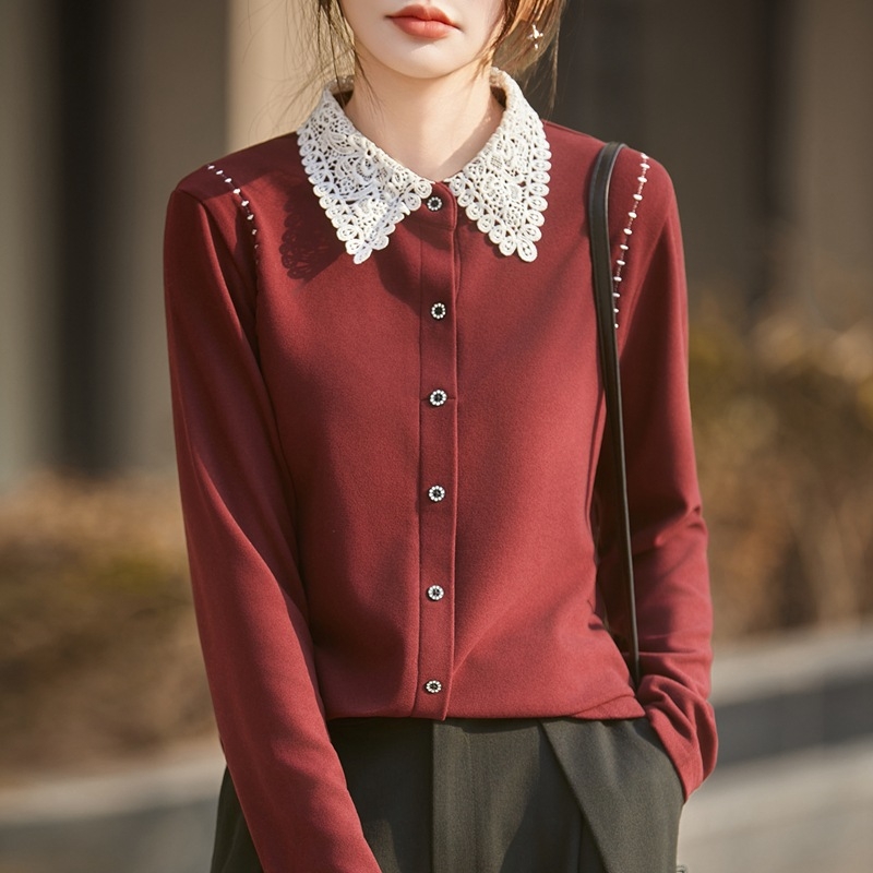 Női German Velvet ing, POLO gallérral, hosszú ujjú, bő szabás, szabályos hossz