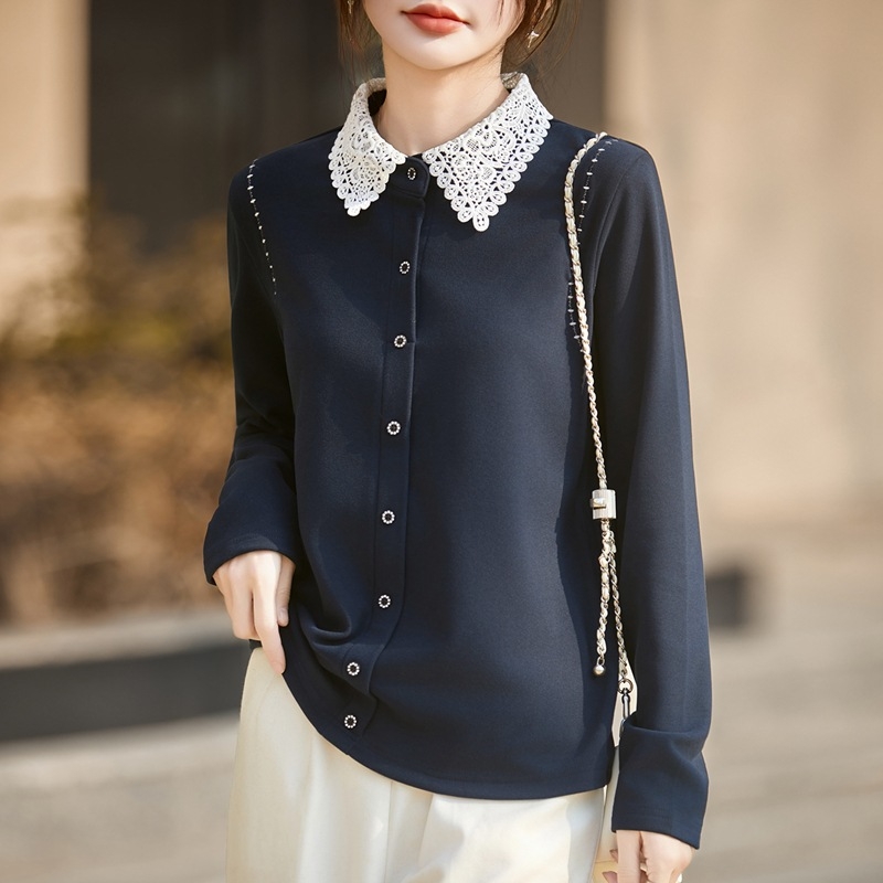 Női German Velvet ing, POLO gallérral, hosszú ujjú, bő szabás, szabályos hossz