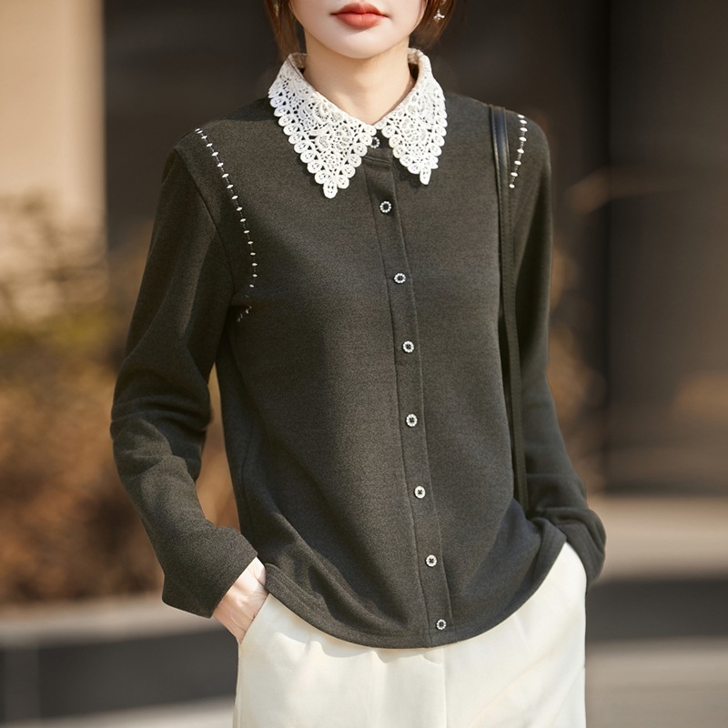 Női German Velvet ing, POLO gallérral, hosszú ujjú, bő szabás, szabályos hossz