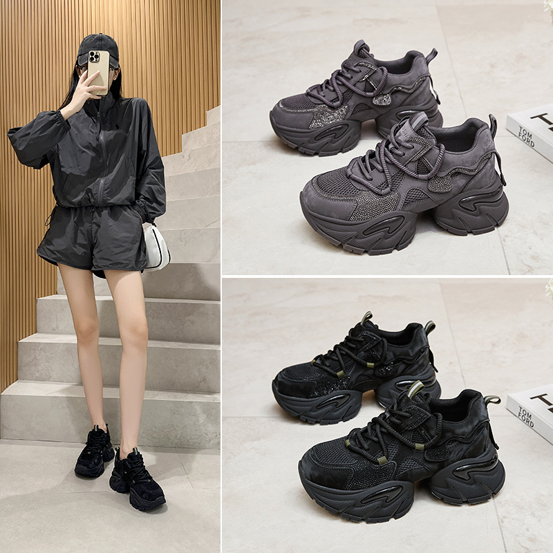 Női dad shoes magasságot növelő sportcipő — mindennapi kényelem, dupla bőr + hálós felsőrész, 6–8 cm platform, lélegző bélés