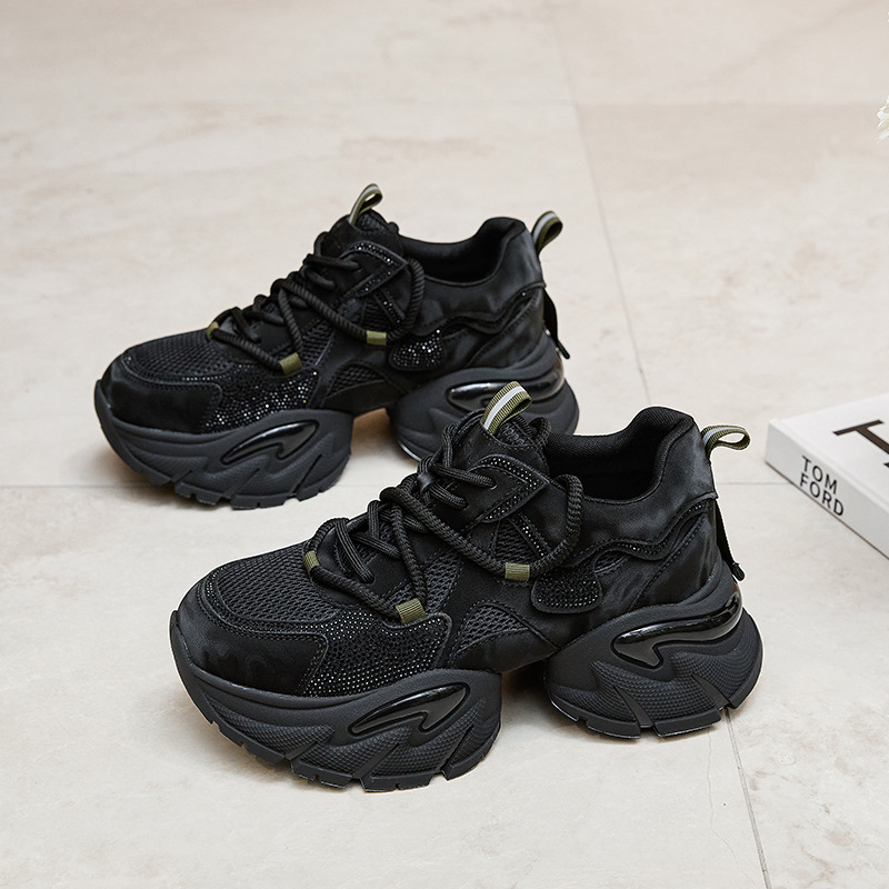 Női dad shoes magasságot növelő sportcipő — mindennapi kényelem, dupla bőr + hálós felsőrész, 6–8 cm platform, lélegző bélés