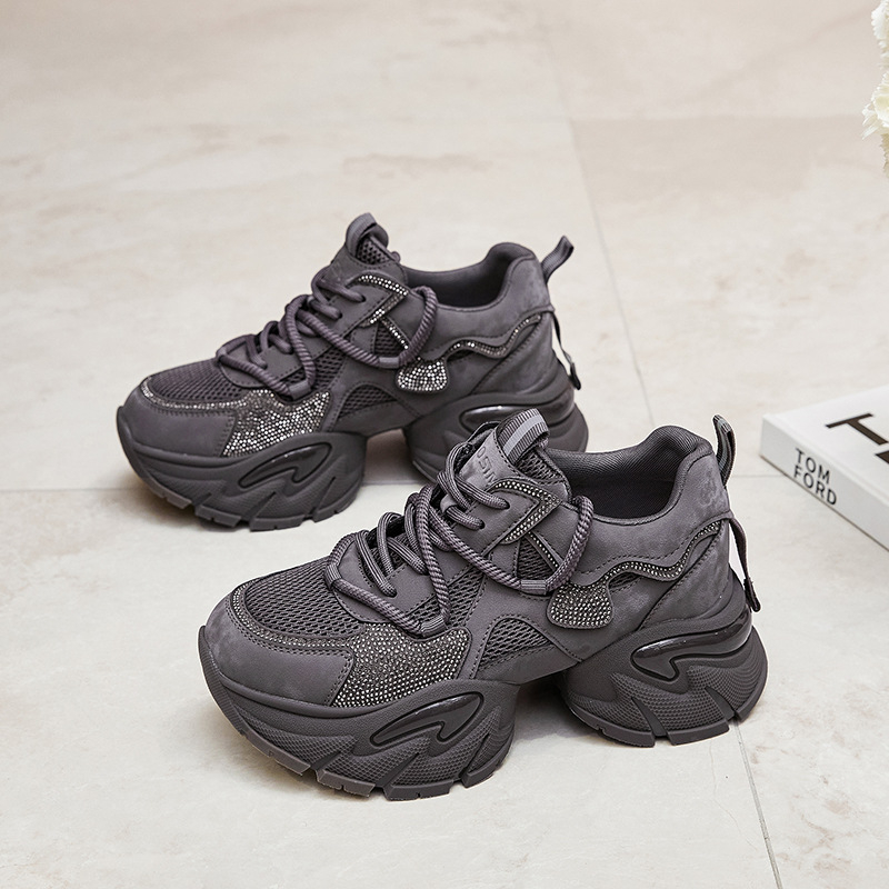 Női dad shoes magasságot növelő sportcipő — mindennapi kényelem, dupla bőr + hálós felsőrész, 6–8 cm platform, lélegző bélés