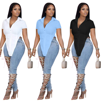 Женска риза топ с V-образно деколте, къс ръкав, памучно-полиестерна смес, неравен диагонален подгъв