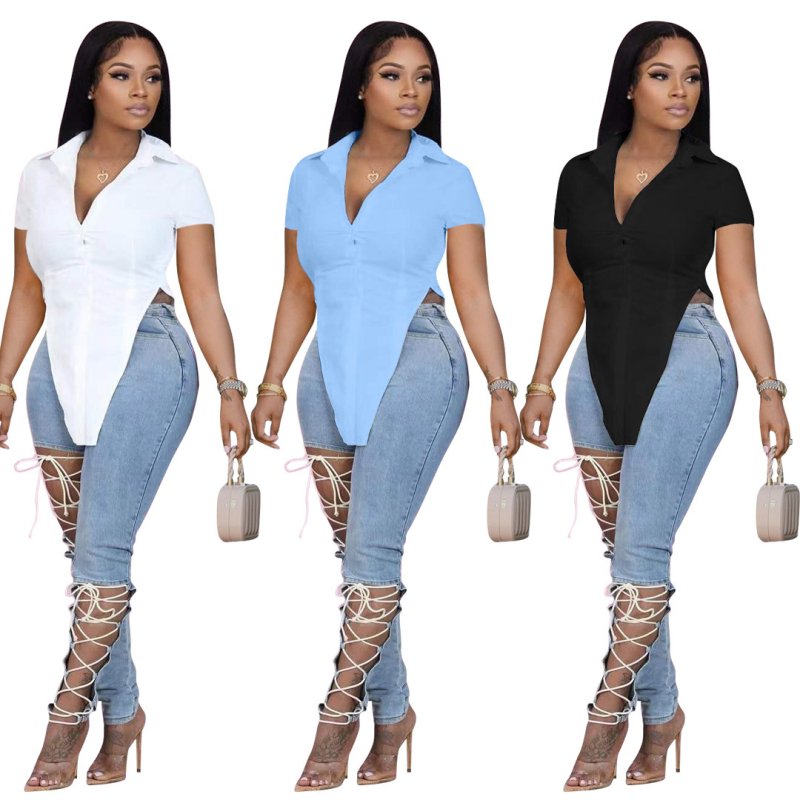 Женска риза топ с V-образно деколте, къс ръкав, памучно-полиестерна смес, неравен диагонален подгъв