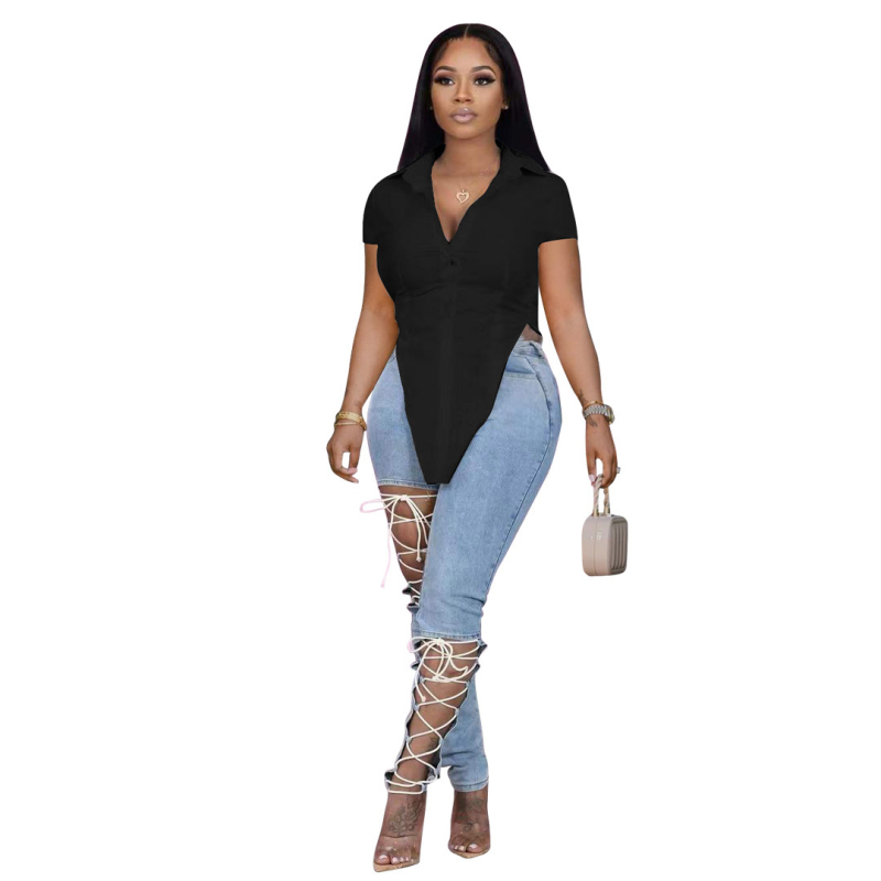 Женска риза топ с V-образно деколте, къс ръкав, памучно-полиестерна смес, неравен диагонален подгъв