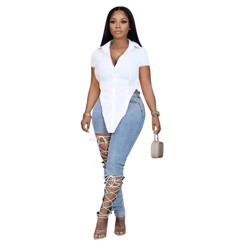 Женска риза топ с V-образно деколте, къс ръкав, памучно-полиестерна смес, неравен диагонален подгъв