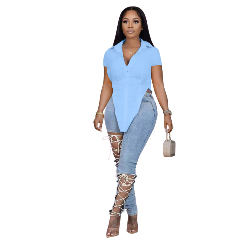 Женска риза топ с V-образно деколте, къс ръкав, памучно-полиестерна смес, неравен диагонален подгъв