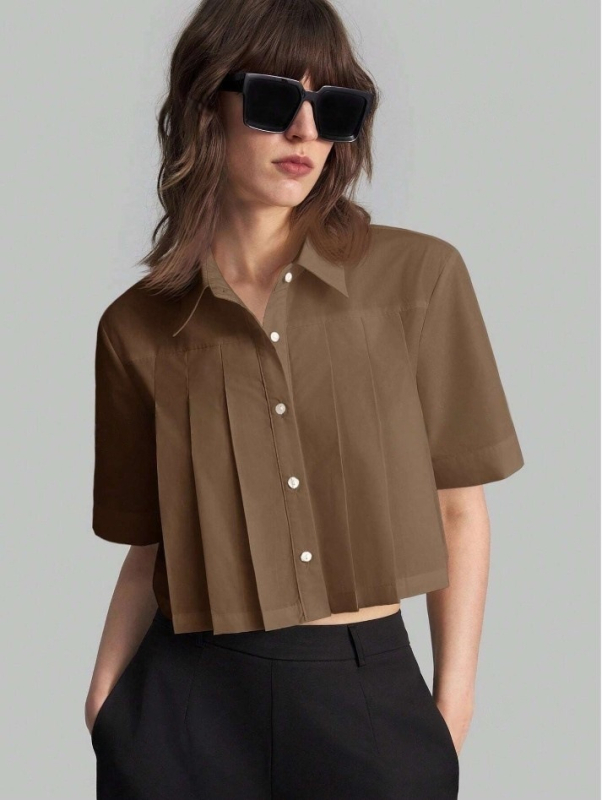 Korejski stil polo košulja s ovratnikom, kratkih rukava, plisirani dizajn i patchwork stil, 80-90% poliester, <30% spandeks