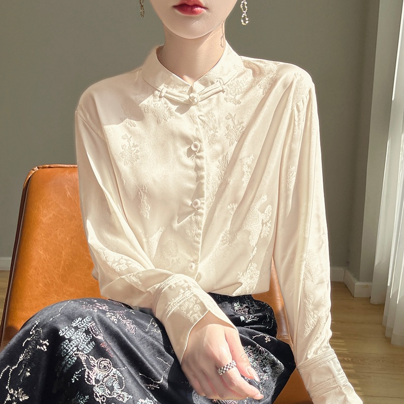 Cămașă cu mâneci lungi, guler înalt, imprimeu, material poliester-spandex, stil de bază, croială urbană confortabilă, lungime 50–65 cm
