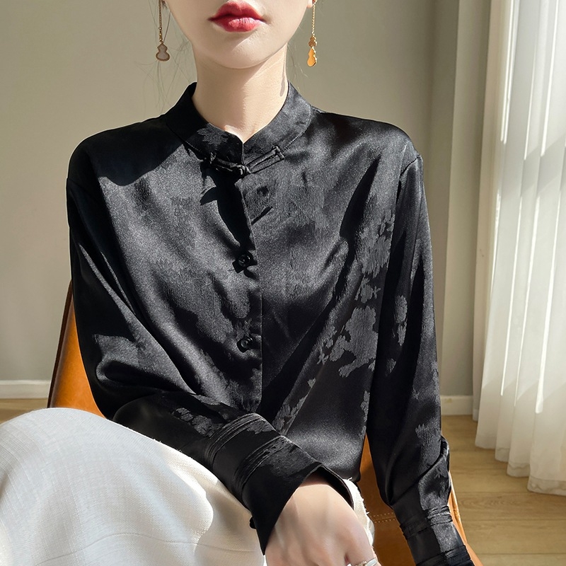 Cămașă cu mâneci lungi, guler înalt, imprimeu, material poliester-spandex, stil de bază, croială urbană confortabilă, lungime 50–65 cm