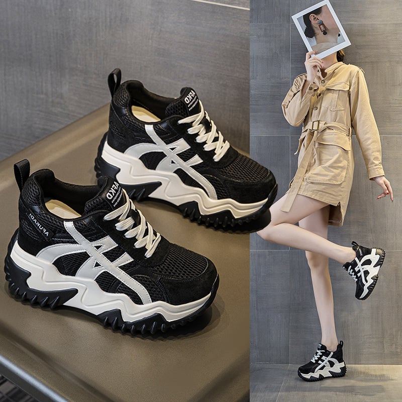 Afkad γυναικείες δίκτυωτά αθλητικά παπούτσια με 10 cm ανύψωση ύψους, κορδόνια, πλατφόρμα, εσωτερική σόλα από δέρμα γουρουνιού