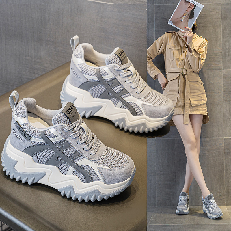 Afkad γυναικείες δίκτυωτά αθλητικά παπούτσια με 10 cm ανύψωση ύψους, κορδόνια, πλατφόρμα, εσωτερική σόλα από δέρμα γουρουνιού