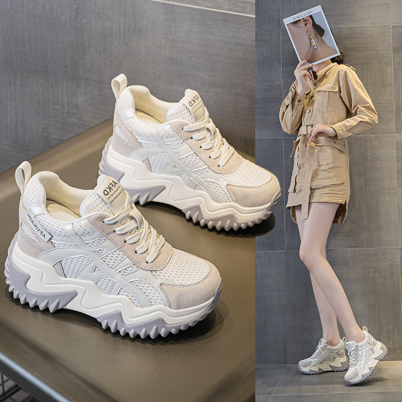 Afkad γυναικείες δίκτυωτά αθλητικά παπούτσια με 10 cm ανύψωση ύψους, κορδόνια, πλατφόρμα, εσωτερική σόλα από δέρμα γουρουνιού