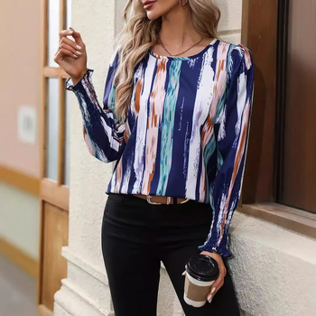Bluza s dugim rukavima i okruglim izrezom, otisak biljaka i cvijeća, tkanina od poliestera i elastana; slobodan kroj, elegantan svakodnevni stil.