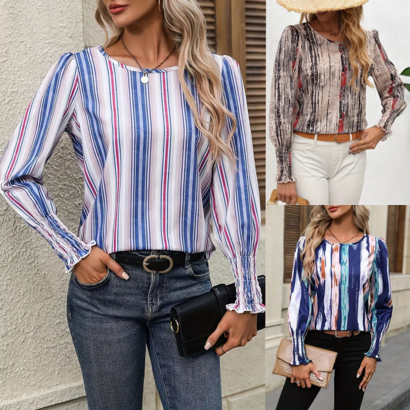Bluza s dugim rukavima i okruglim izrezom, otisak biljaka i cvijeća, tkanina od poliestera i elastana; slobodan kroj, elegantan svakodnevni stil.