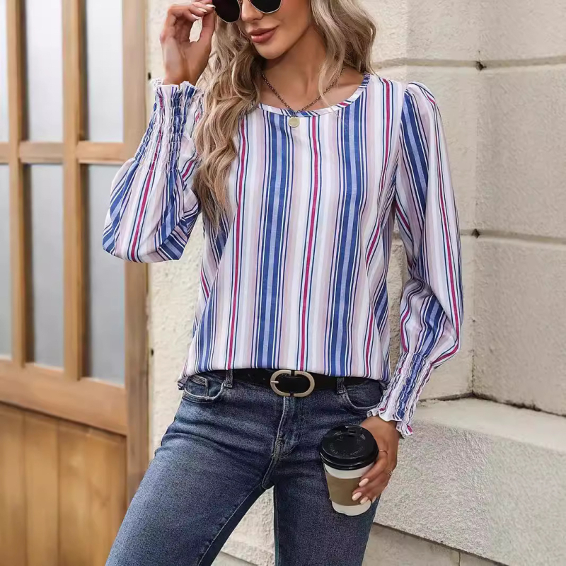 Bluza s dugim rukavima i okruglim izrezom, otisak biljaka i cvijeća, tkanina od poliestera i elastana; slobodan kroj, elegantan svakodnevni stil.