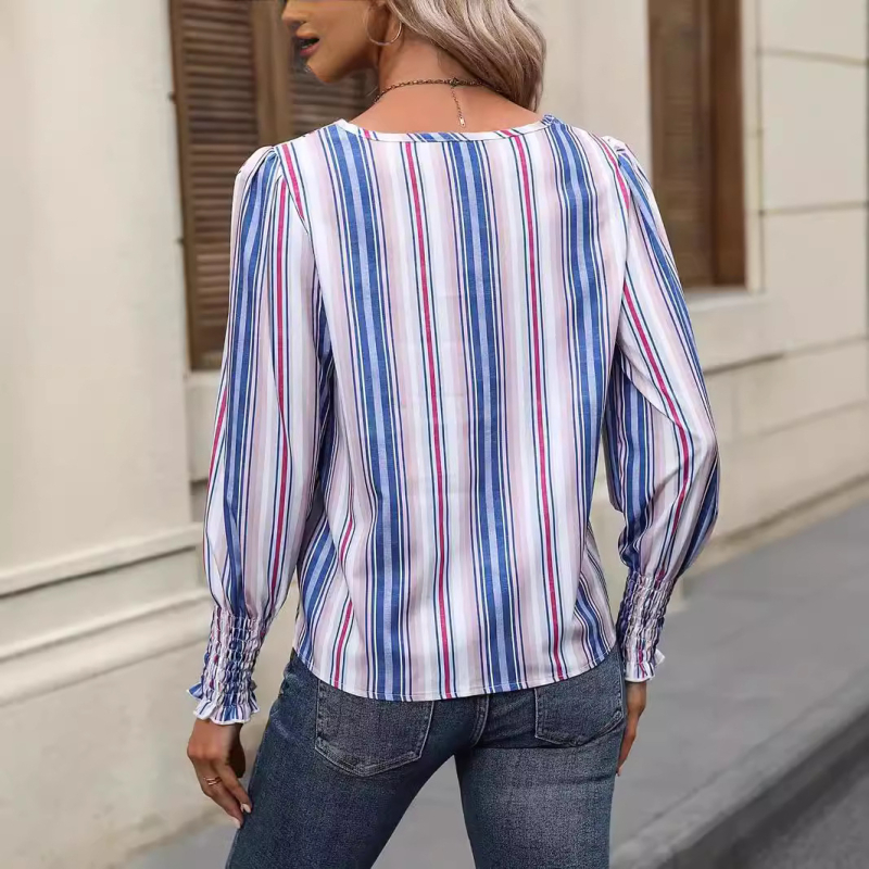 Bluza s dugim rukavima i okruglim izrezom, otisak biljaka i cvijeća, tkanina od poliestera i elastana; slobodan kroj, elegantan svakodnevni stil.