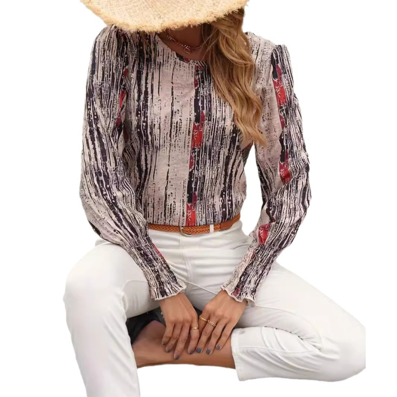 Bluza s dugim rukavima i okruglim izrezom, otisak biljaka i cvijeća, tkanina od poliestera i elastana; slobodan kroj, elegantan svakodnevni stil.