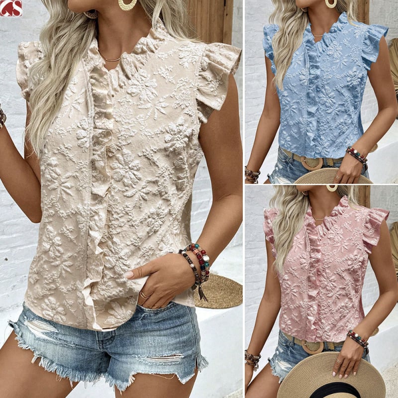 Bluza fără mâneci cu model floral jacquard, mâneci în formă de frunză de lotus, decolteu în V, stil pulover, croială lejeră, poliester 95%+