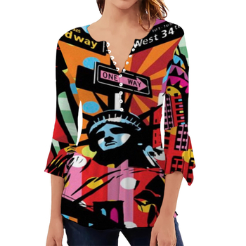 Cămașă pentru femei cu mânecă lungă, imprimeu, plachetă frontală cu 10 nasturi, guler rotund, croi slim