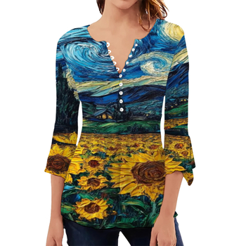 Cămașă pentru femei cu mânecă lungă, imprimeu, plachetă frontală cu 10 nasturi, guler rotund, croi slim