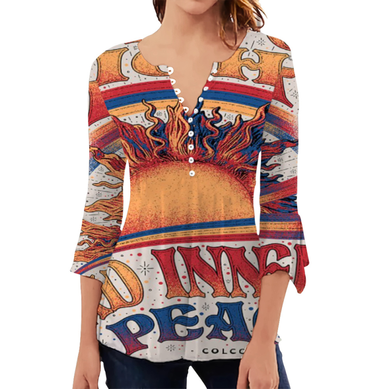 Cămașă pentru femei cu mânecă lungă, imprimeu, plachetă frontală cu 10 nasturi, guler rotund, croi slim