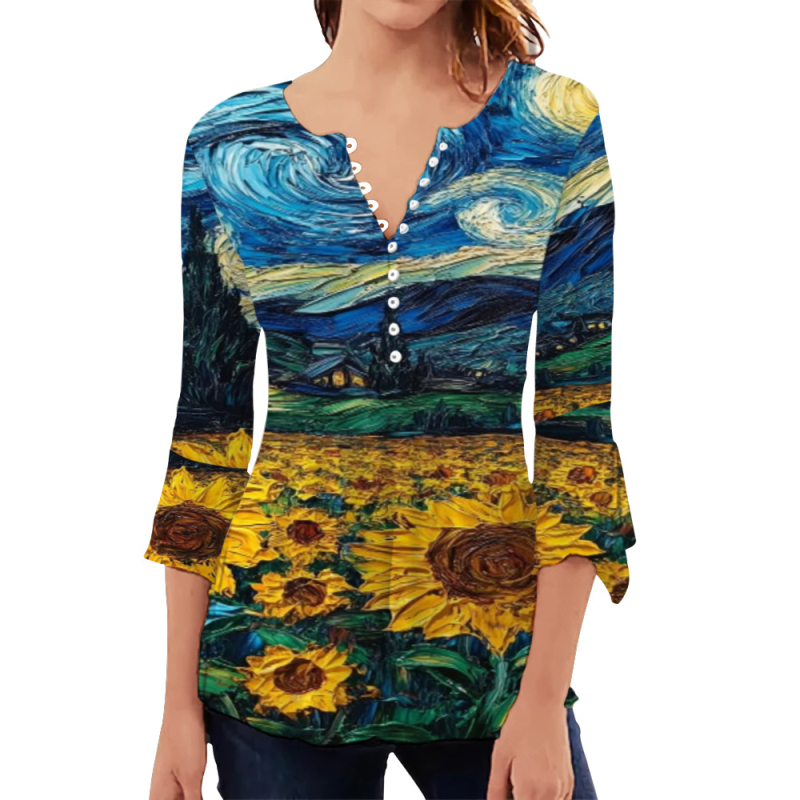 Cămașă pentru femei cu mânecă lungă, imprimeu, plachetă frontală cu 10 nasturi, guler rotund, croi slim