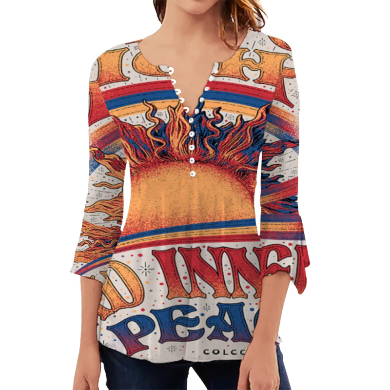 Cămașă pentru femei cu mânecă lungă, imprimeu, plachetă frontală cu 10 nasturi, guler rotund, croi slim