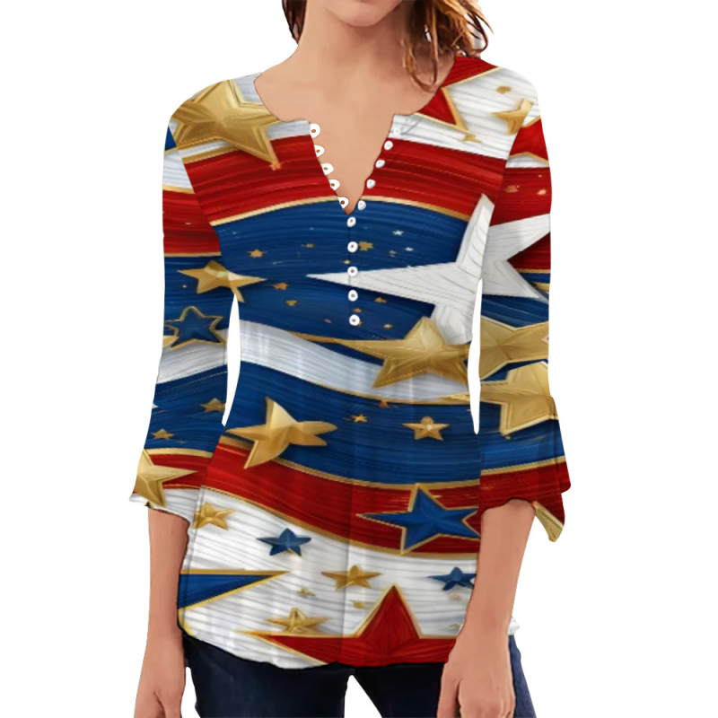 Cămașă pentru femei cu mânecă lungă, imprimeu, plachetă frontală cu 10 nasturi, guler rotund, croi slim