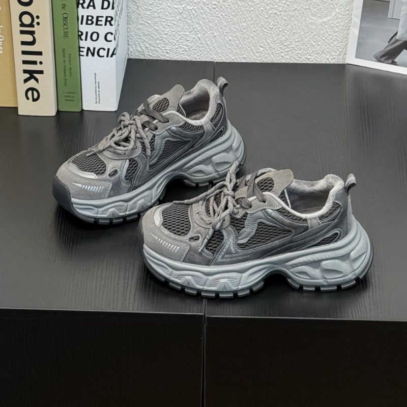 Ženske tenisice dad shoes s debelim potplatom, boja-blok dizajn, gornji dio od kože i tekstila, vezivanje šnurkama, gumeni potplat