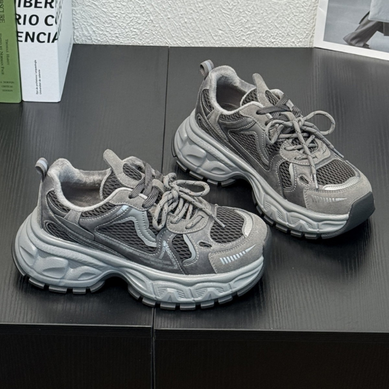 Ženske tenisice dad shoes s debelim potplatom, boja-blok dizajn, gornji dio od kože i tekstila, vezivanje šnurkama, gumeni potplat