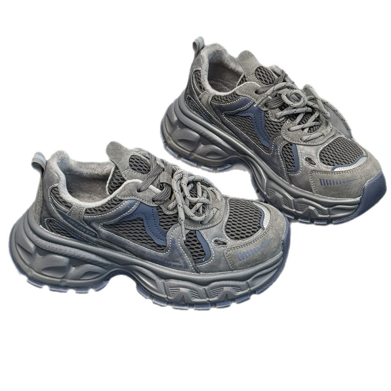 Ženske tenisice dad shoes s debelim potplatom, boja-blok dizajn, gornji dio od kože i tekstila, vezivanje šnurkama, gumeni potplat