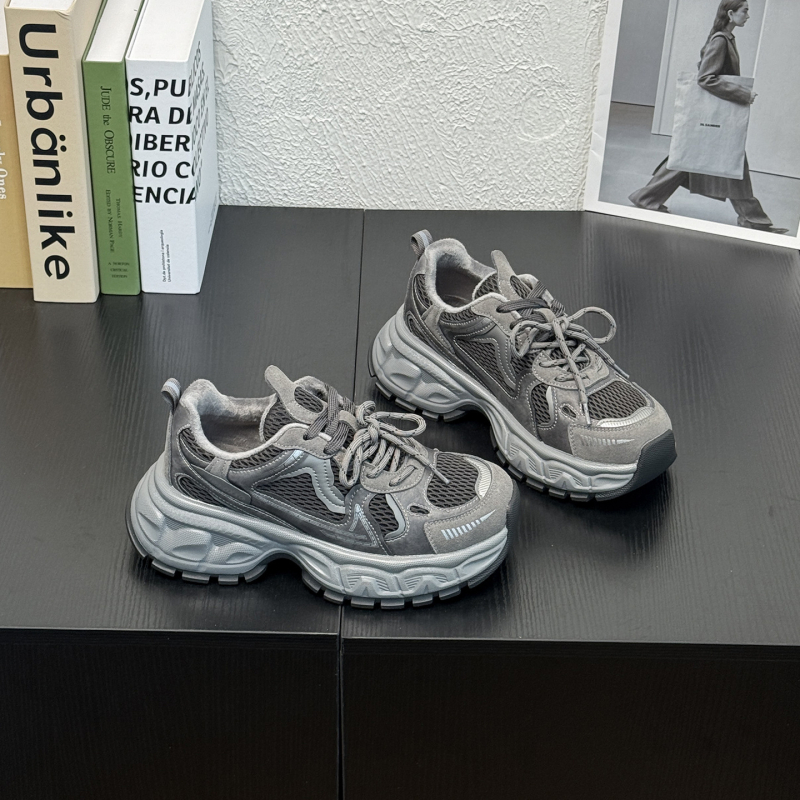 Ženske tenisice dad shoes s debelim potplatom, boja-blok dizajn, gornji dio od kože i tekstila, vezivanje šnurkama, gumeni potplat